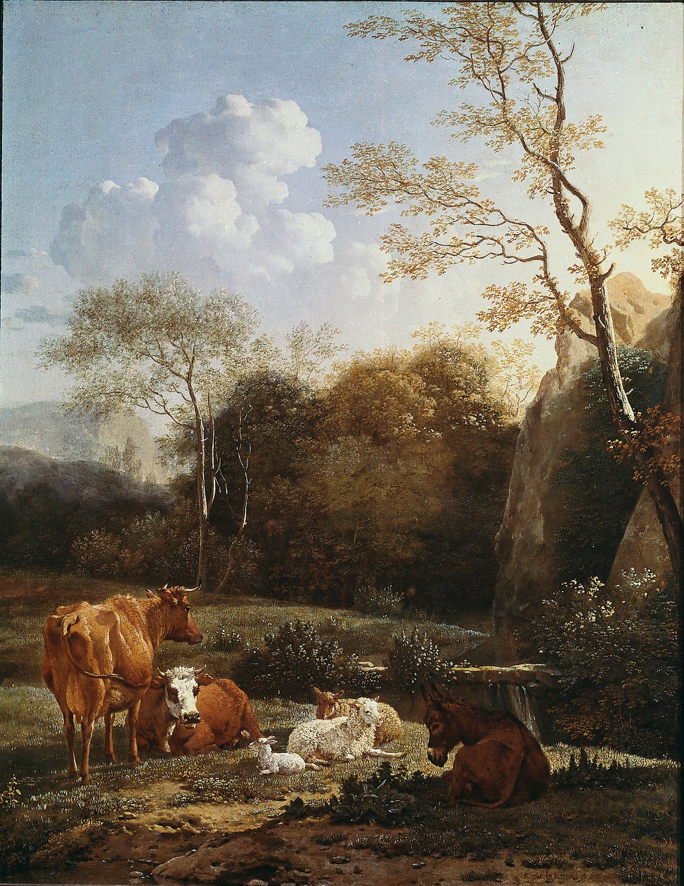 小川のそばの動物ボカージュ。カレル・デュジャルダン（1622-1678）の絵 1656年 日。52x43 cm パリ、ルーヴル美術館 作： カレル・デュジャルダン