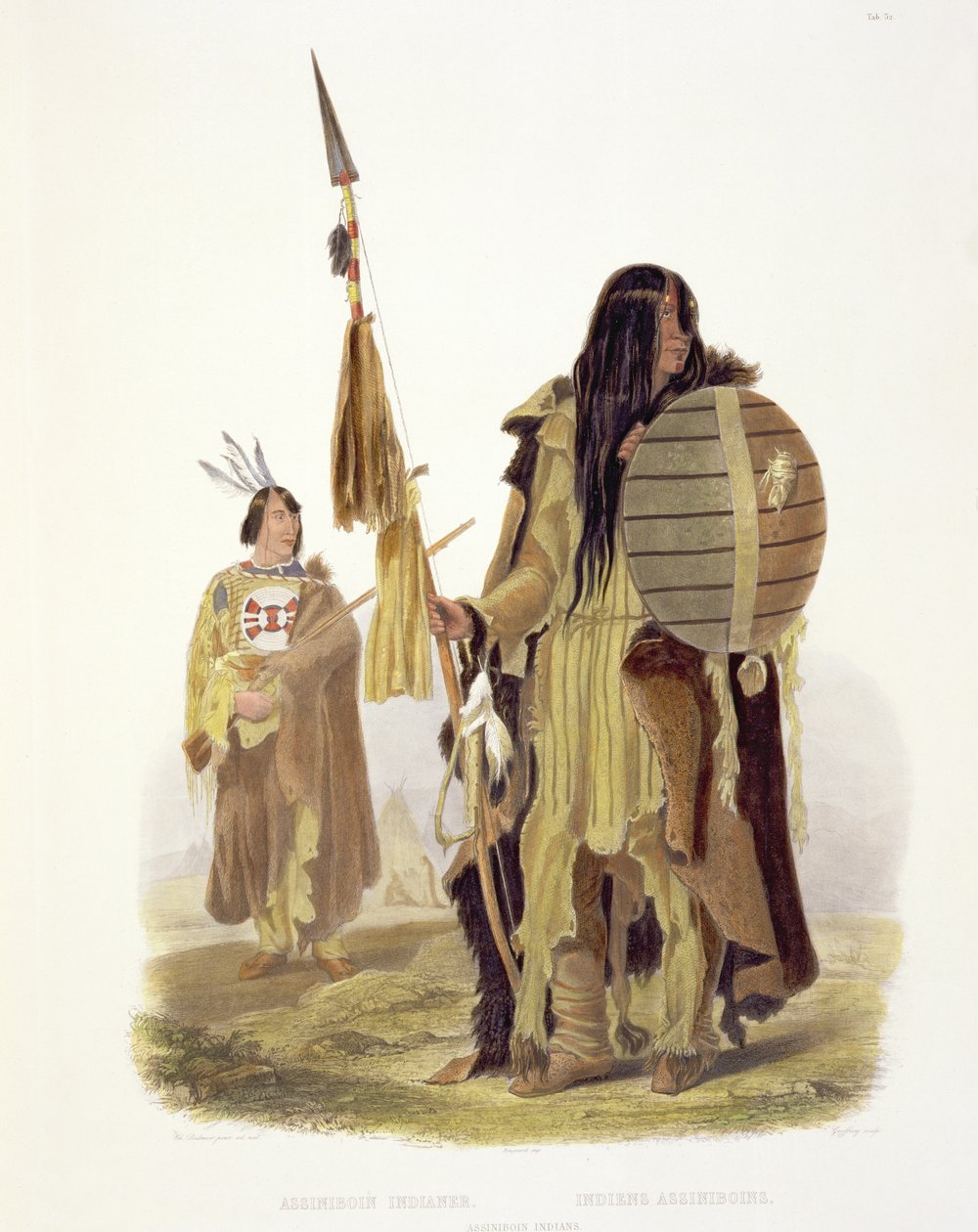 Assiniboin Indians、Charles Geoffroy（1819-82）1844（aquatint）によって刻まれた「北アメリカの内陸、1832-34」のボリューム2のプレート32 作： カール・ボドマー