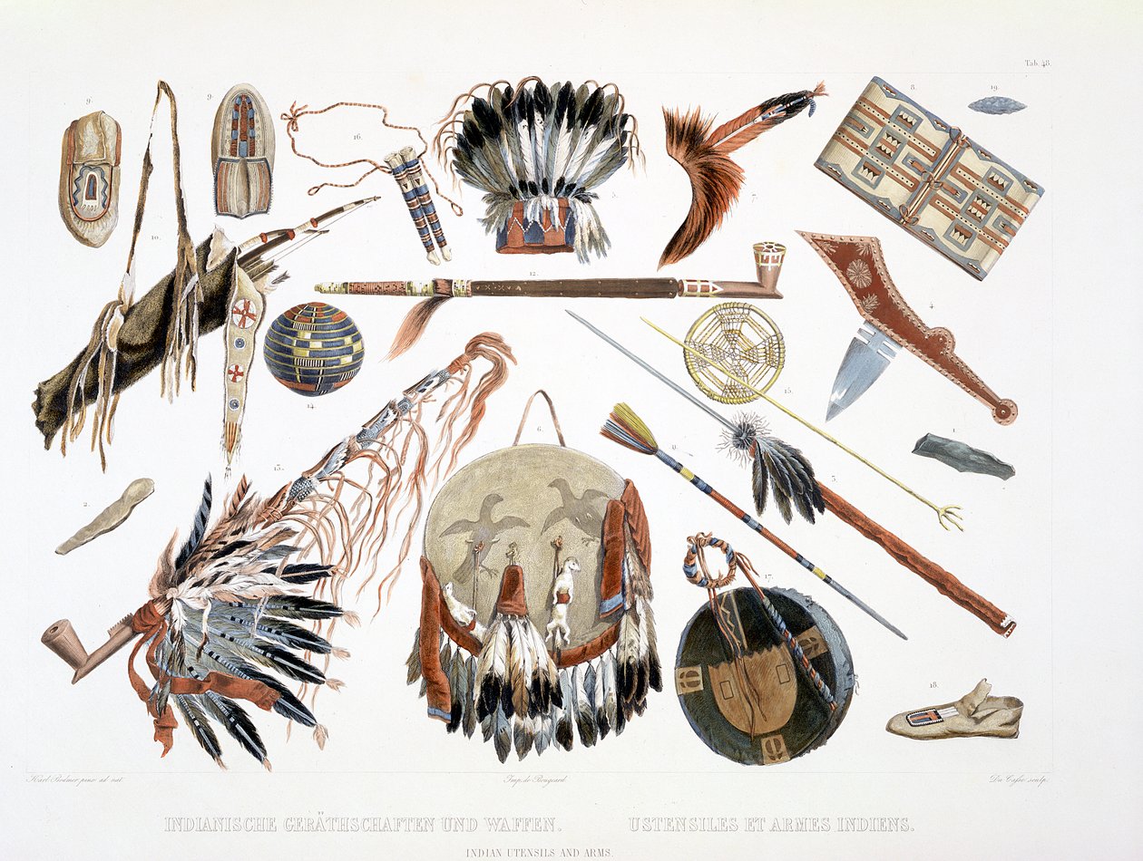 インドの道具と武器、「北アメリカの内陸の旅」第2巻の版48、デュカッス、1844年に彫刻（アクアチント） 作： カール・ボドマー