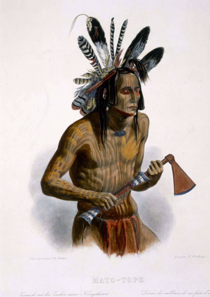 J.ハリマン、1844年に彫刻された「北アメリカの内陸の旅」のボリューム2のプレート14、ウォートな行為の記章で飾られたマットトープ（アクアチント） 作： カール・ボドマー