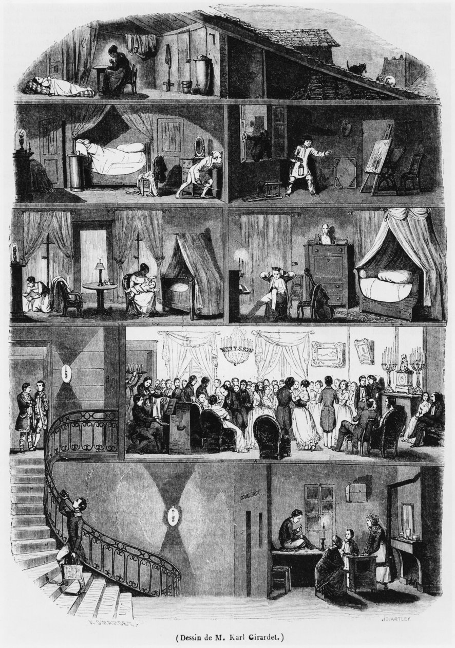 ジョンクォートレー（fl.1835-67）1847によって彫刻されたパリの建物の一部、「ルマガシンピトレスク」のイラスト 作： カール・ジラルデ