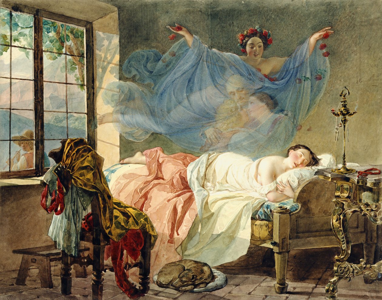 夜明けの少女の夢、1830-33年（カードにトイレ） 作： カール・パヴロヴィッチ・ブリューロフ