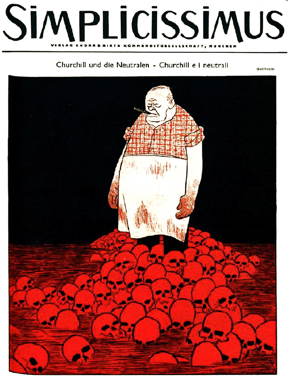 チャーチルと血と髑髏の川を描いたドイツの雑誌『Simplicissimus』（1940年頃）の表紙（リトグラフ）。 作： カール・アーノルド