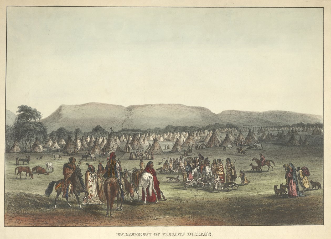 ピエカンインディアンの野営地、パブ。 1842 作： カール・ボドマー