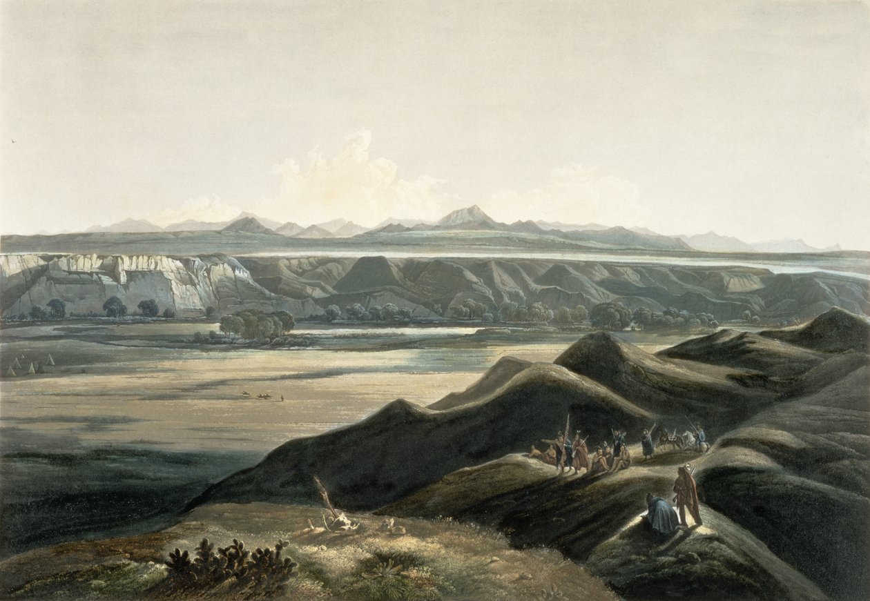 ロッキー山脈の眺め、「北アメリカの内部の旅」のボリューム2のプレート44、Sigismond Himely（1801-72）1844（aquatint）によって彫刻 作： カール・ボドマー