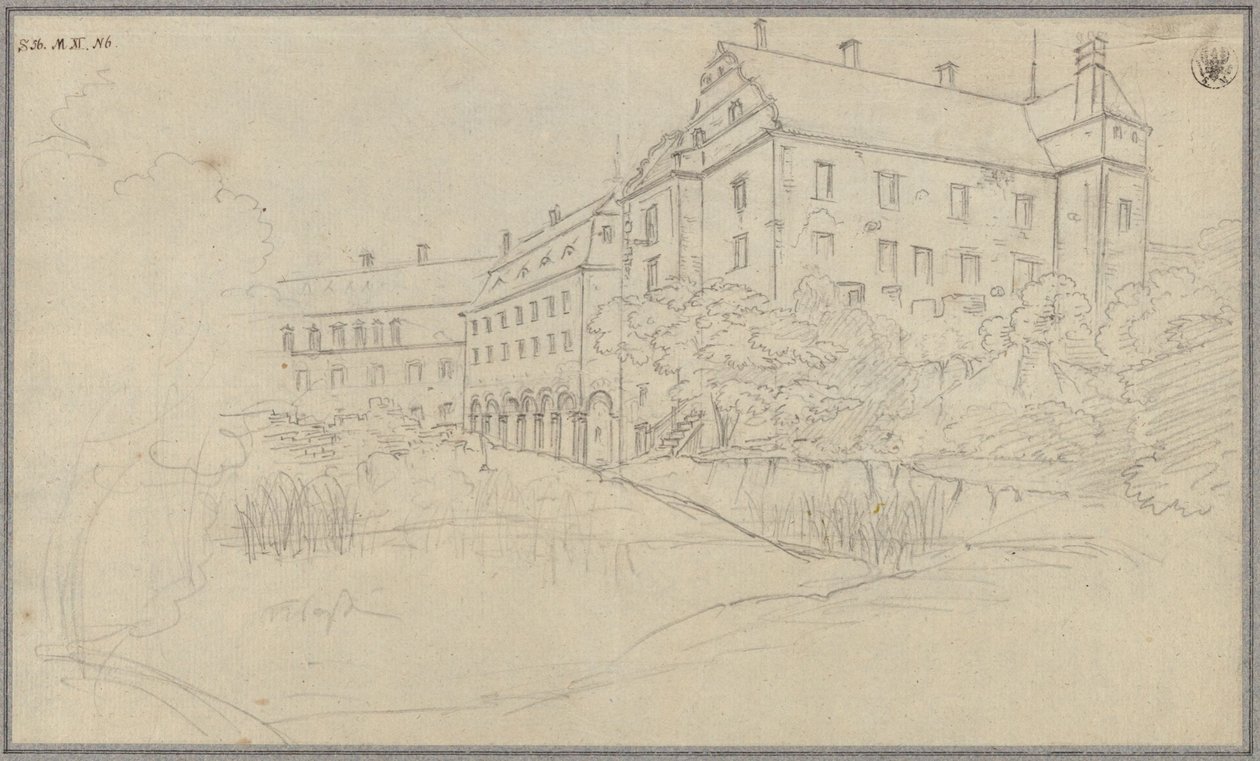 シレジアまたはボヘミアにある、ルネサンス様式の切妻屋根を持つ城の風景 作： カール・フリードリッヒ・シンケル