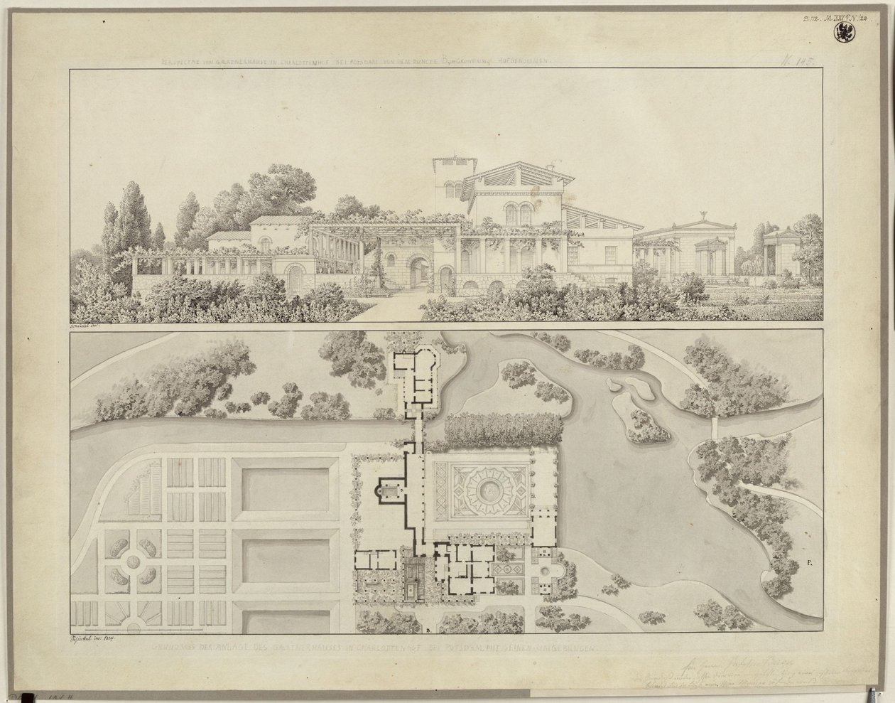 ポツダム-サンスーシ。シャルロッテンホーフ宮殿近くのローマ浴場。西からの眺めと庭師の家の平面図 作： カール・フリードリッヒ・シンケル