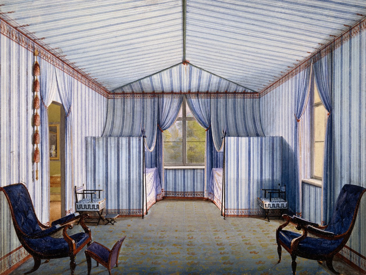 シャルロッテンホーフ宮殿のテント部屋、1830年以降、カール・フリードリヒ・シンケル（1781-1841）の水彩画 作： カール・フリードリッヒ・シンケル