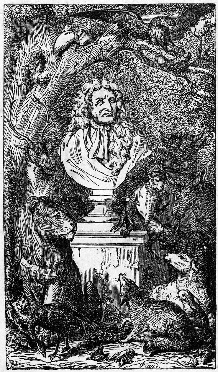 動物に囲まれたJean de La Fontaineのアレゴリー胸像、Fables de la Fontaineの本の正面図。 作： カール・ジラルデ