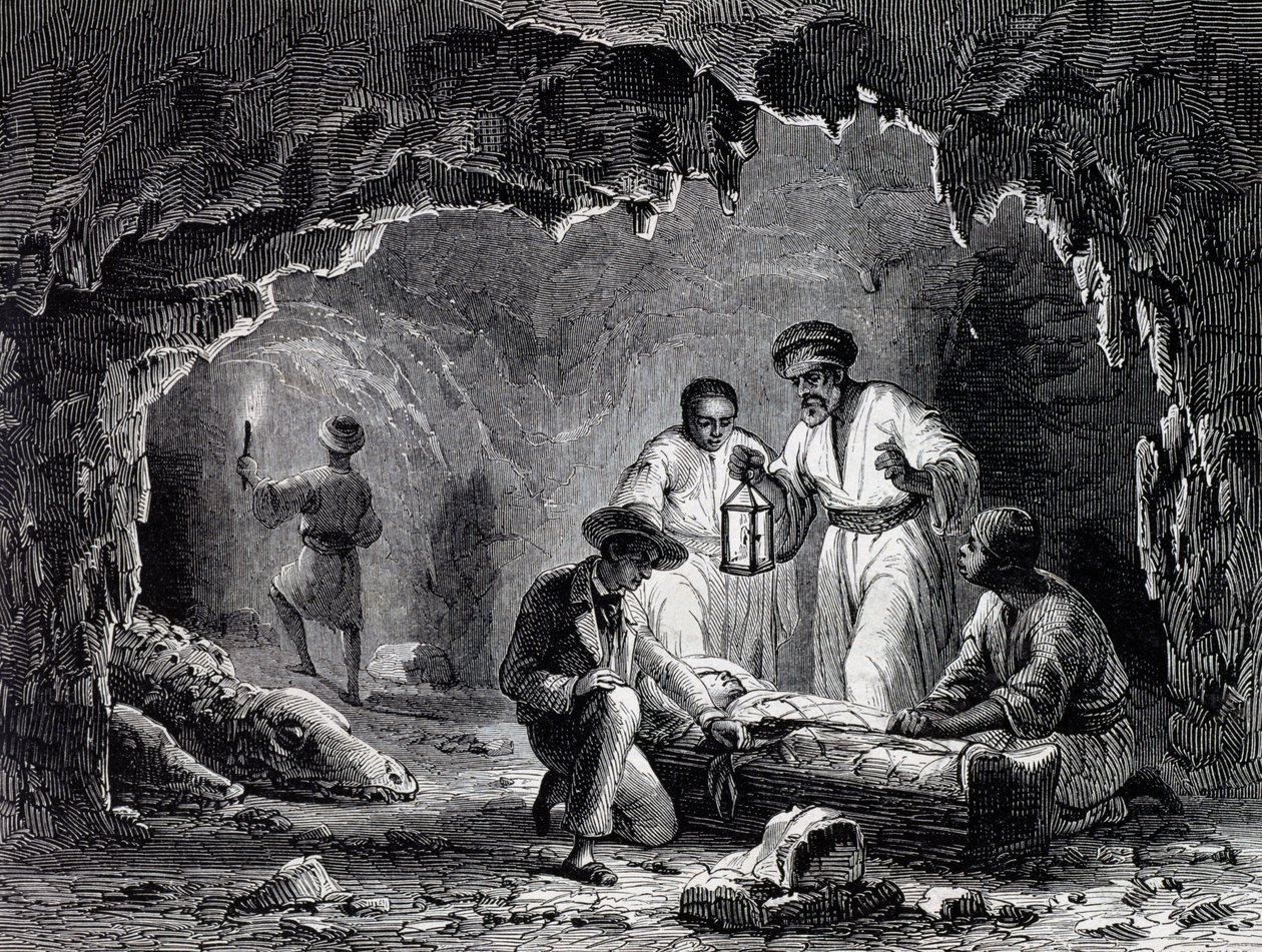 Samoun の洞窟での考古学的発見、Karl Girardet (1813-1871) による描画に基づく彫刻 作： カール・ジラルデ