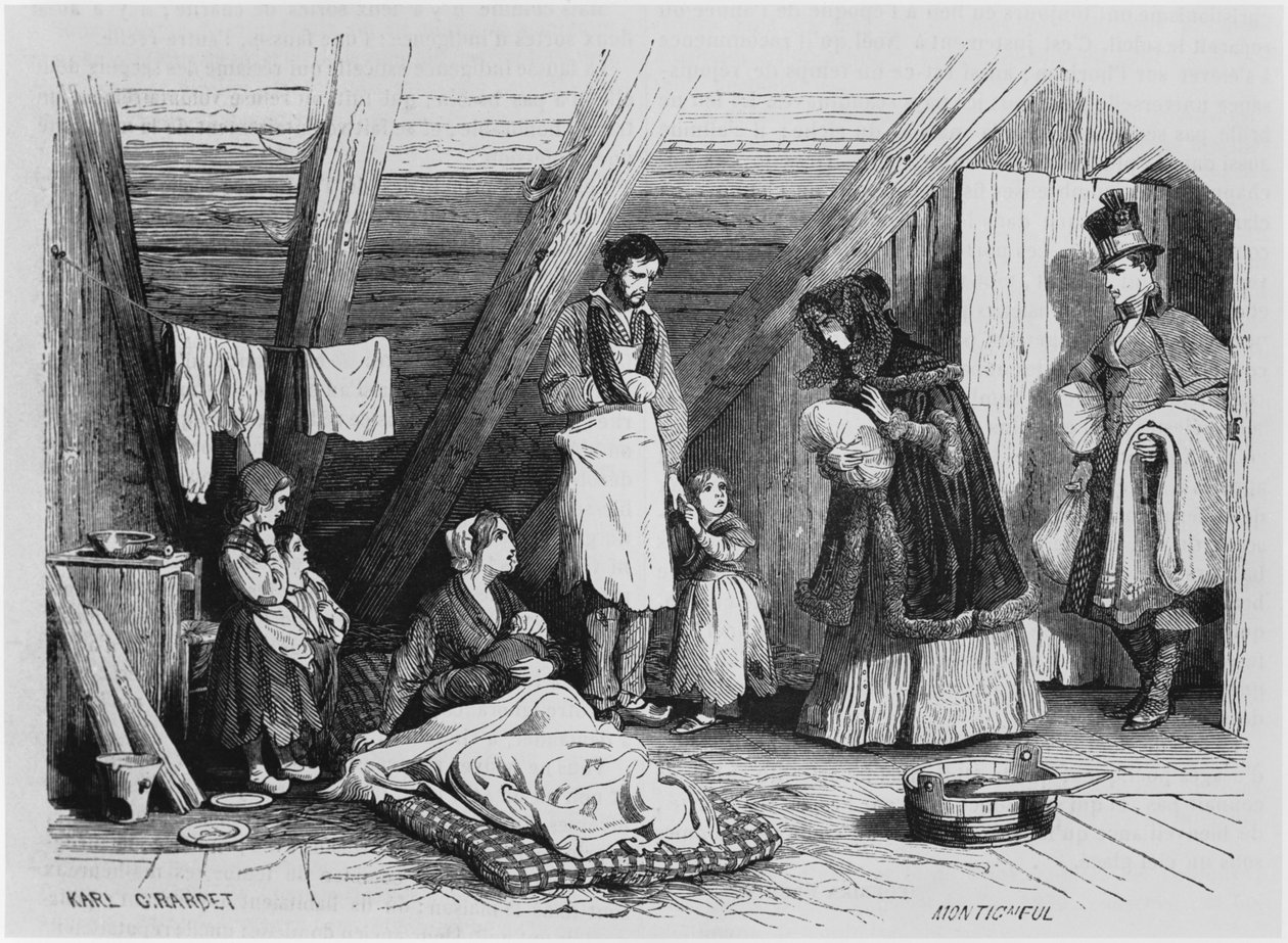 貧しい人々を訪ねる、「ルマガシンピトレスク」、パリ、1844年 作： カール・ジラルデ