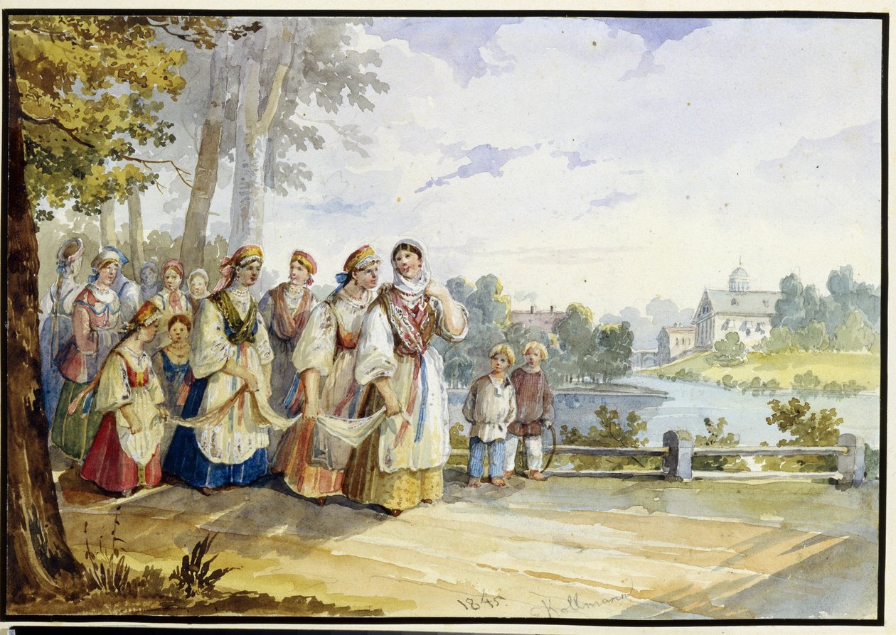 お祭りのドレスを着たロシアの農民の女の子。 カール・イワノビッチ・コルマン (1786-1846) の作品、厚紙に水彩 作： カール・イワノビッチ・コルマン