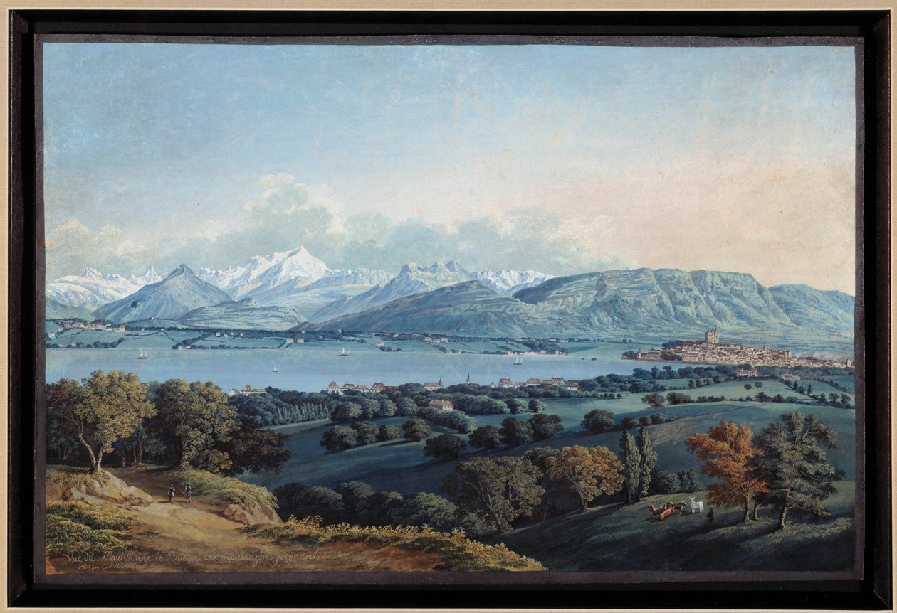 レマン湖とモンブランのあるジュネーブの眺め カール・ハカート（1740-1800）の水彩画 19世紀 個人蔵 作： カール・ルートヴィヒ・ハッカート