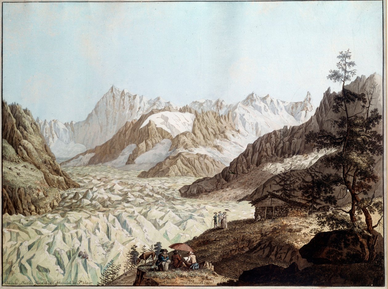アルプスのシャモニーに近いアヴェール山の氷の海の眺め カール・ハッケルト（1740-1800）（ec.all.）によるイラスト 1781年 フランクフルト。Stadelsches Kunstinstitut 作： カール・ルートヴィヒ・ハッカート