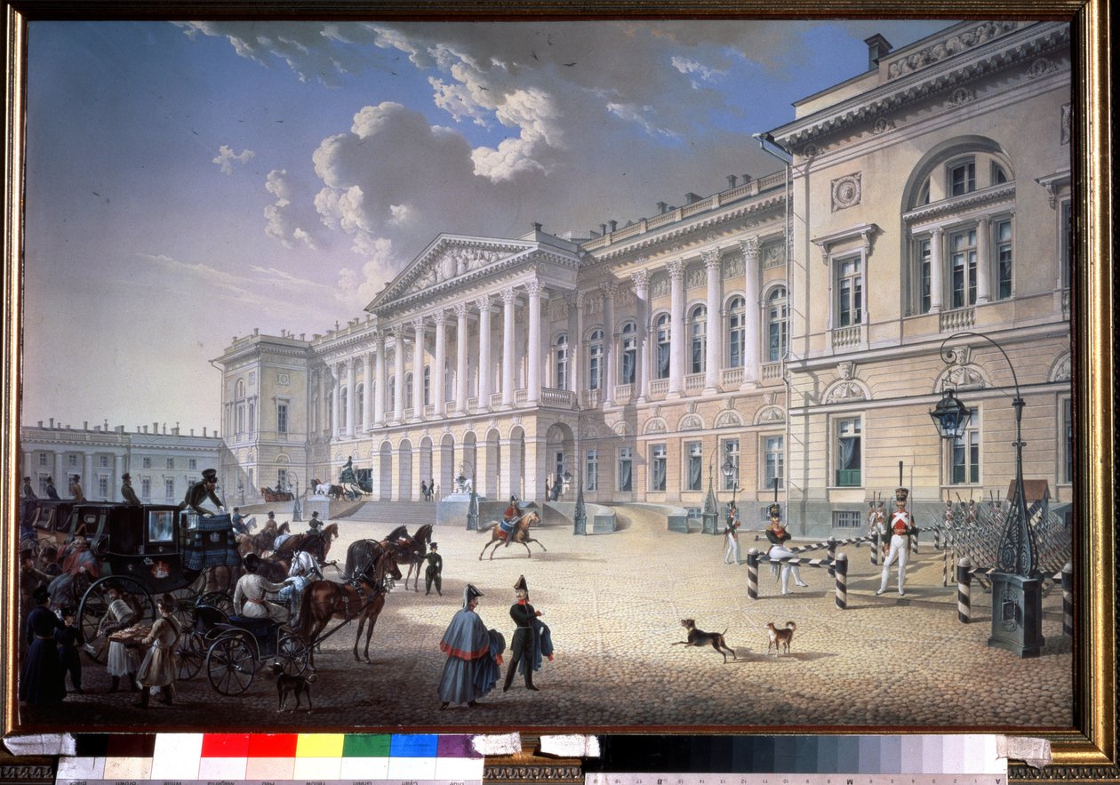 サンクトペテルブルクの旧ミシェル宮殿 (サンクトペテルブルクの旧ミシェル宮殿)。 Karl Petrovich Beggrov (1799-1875) による絵画。 紙にガッシュ 作： カール・パブロヴィッチ・ベグロフ