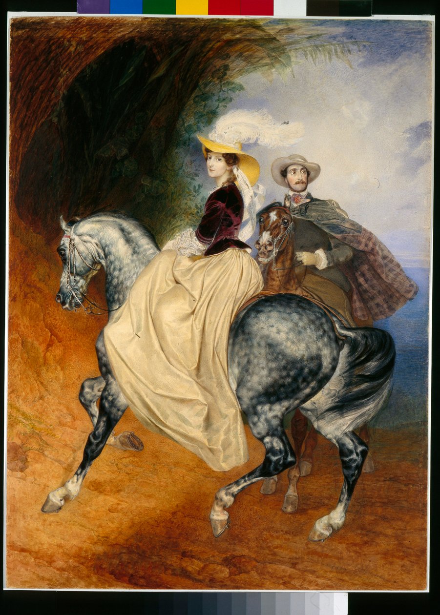 騎手: Eugene Mussard (1814-1896 年頃) と妻の Emilie (1832-1896 年頃) の肖像画 - Karl Pavlovich Briullov (Brioullov) (1799-1852) の作品 作： カール・パヴロヴィッチ・ブリューロフ