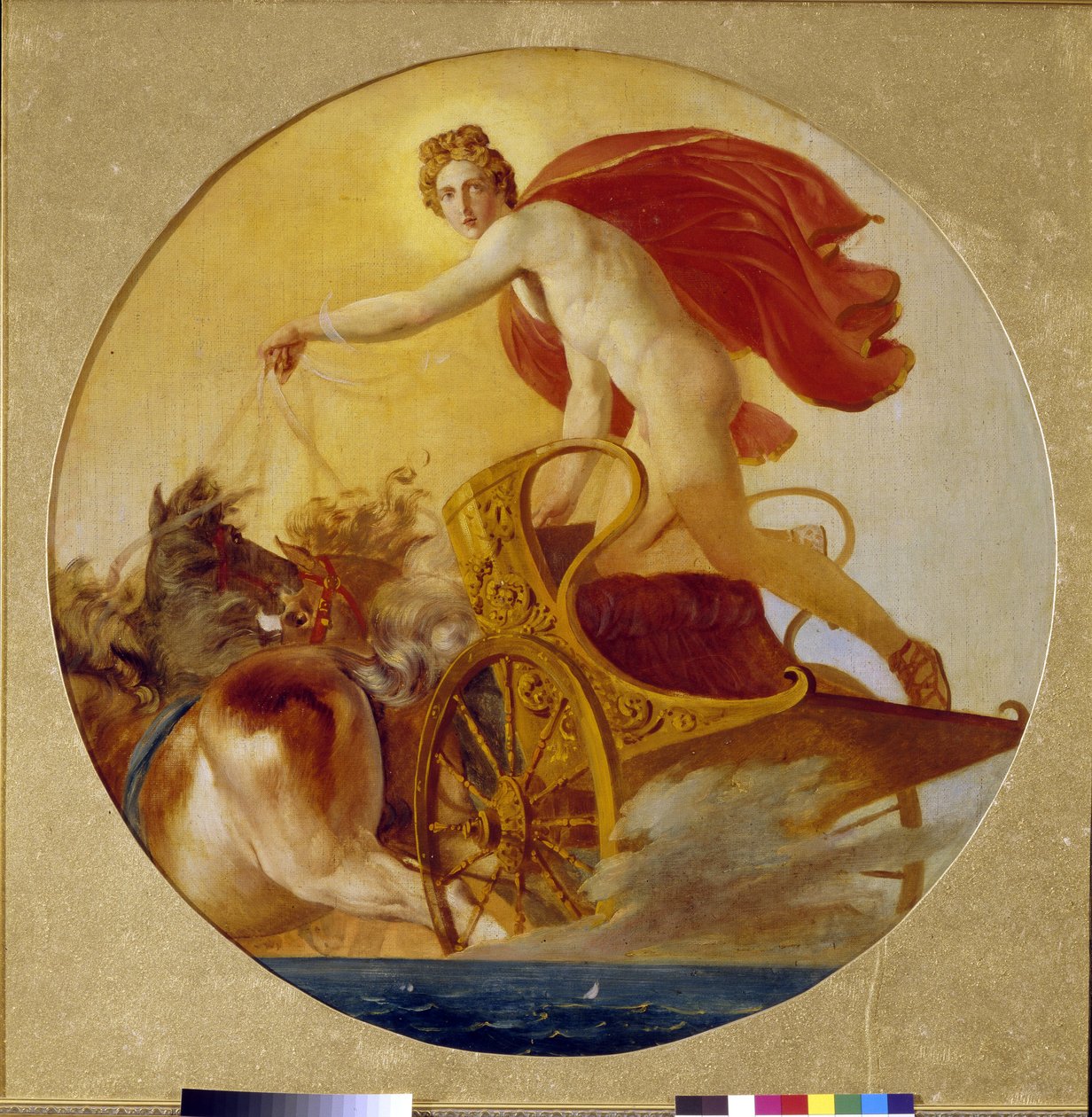 太陽の戦車を運転するフィーバス (太陽の馬を運転するフィーバス)。 Karl Pavlovich Briullov (Bryullov) (1499-1852) による絵画、キャンバスに油彩。 19世紀ロシアの芸術、ロマン主義。 国立ロシア美術館、サンクトペテルブルク。 作： カール・パヴロヴィッチ・ブリューロフ