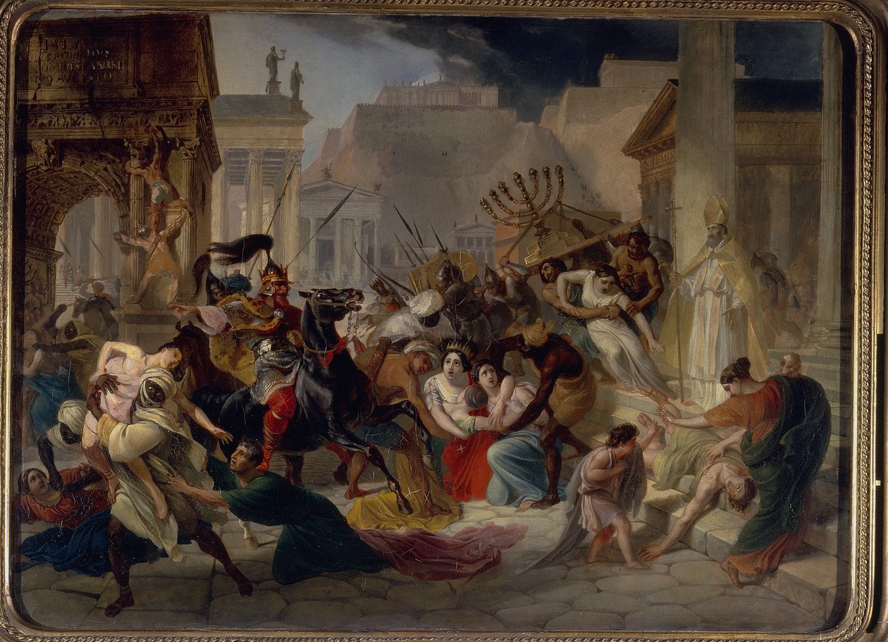 455 年のローマの略奪: Genseric (または Geiseric) (約 399-477) と Vandals がローマに侵入します (Geiseric the Lame がローマに侵入します)。 彼らは街を略奪し、本枝の燭台を奪います。 (本枝の燭台) Karl Pavlovich Briullov (Bryullov) (1799-1852) による絵画 作： カール・パヴロヴィッチ・ブリューロフ