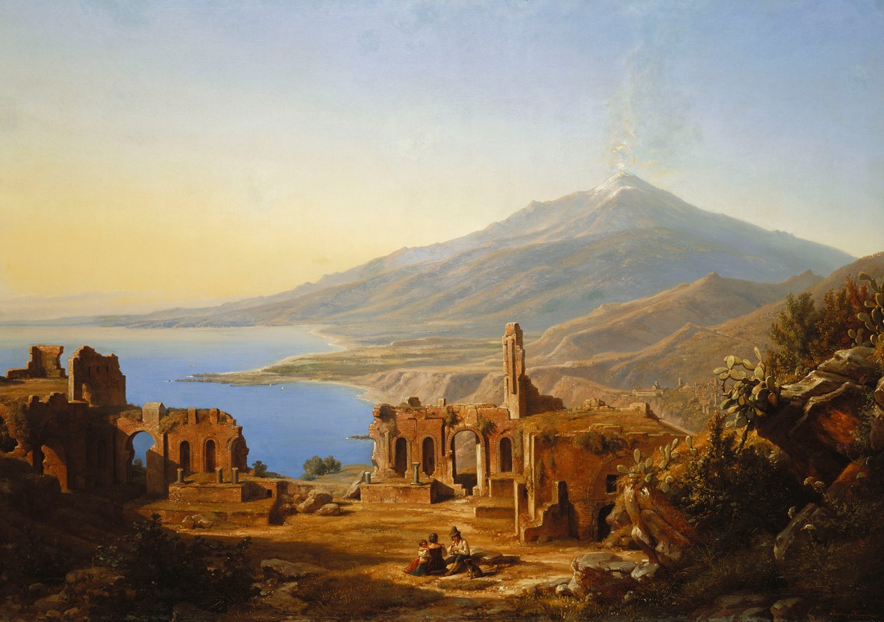 ギリシャシアター、タオルミーナ、エトナ山の向こう、1852年 作： カールロバートクンマー
