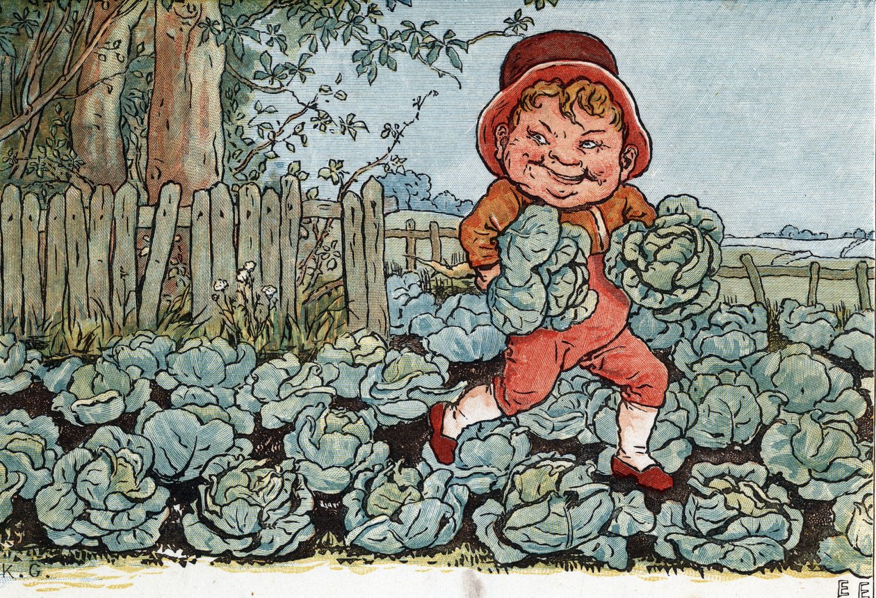 菜園からキャベツを盗むノーム。A Goblin Stealing Cabbages）と書かれています。ケイト・グリーナウェイ（1846-1901）のイラスト。エドモンド・エヴァンス編『Under The Window』（1879年）に収録されている童話・童謡集より。 作： ケイト・グリーナウェイ