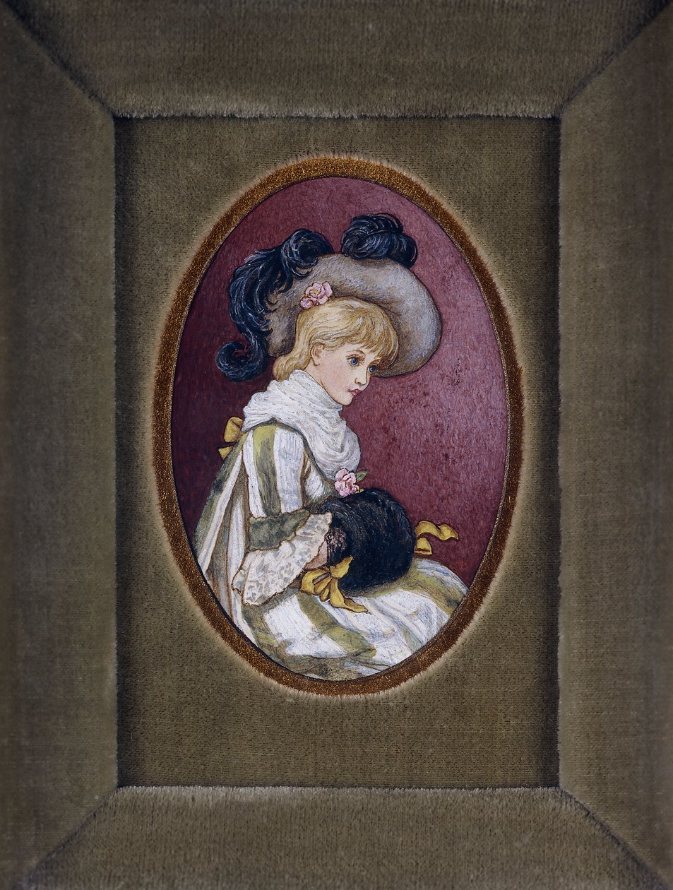 彼女のマフの中に彼女の手で羽毛の帽子をかぶっているブロンドの女の子の楕円形の肖像画 作： ケイト・グリーナウェイ