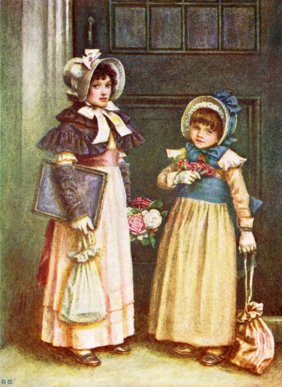 ケイト・グリーナウェイの「Two girls going to school」。 作： ケイト・グリーナウェイ