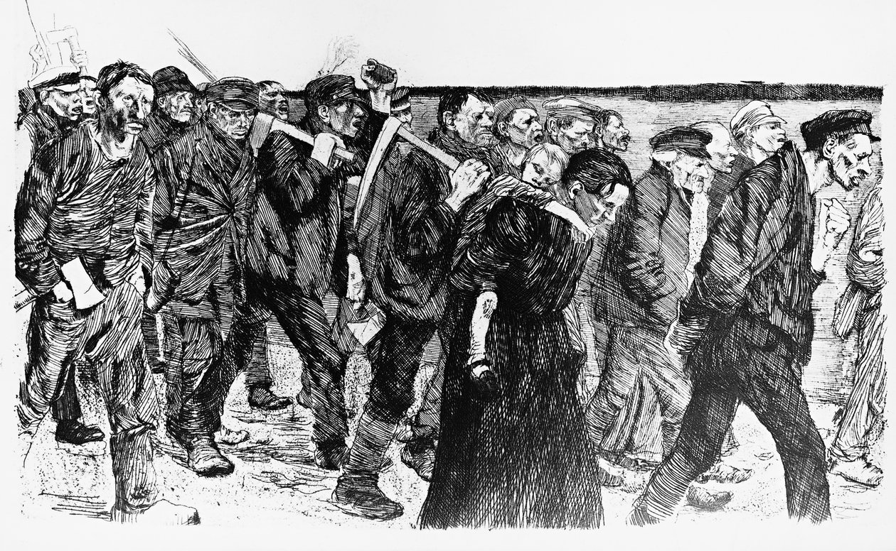 労働者のデモ、Kathe Kollowitz（1867-1945）がオペラ「Die Weber（The Weavers）」のために描いたイラスト 作： ケーテ・コルヴィッツ