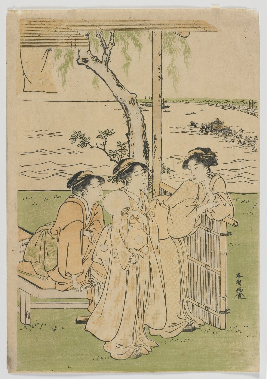 夏の三美女、江戸時代の高輪の女性たち、1780年代中期（色版画） 作： 勝川春長