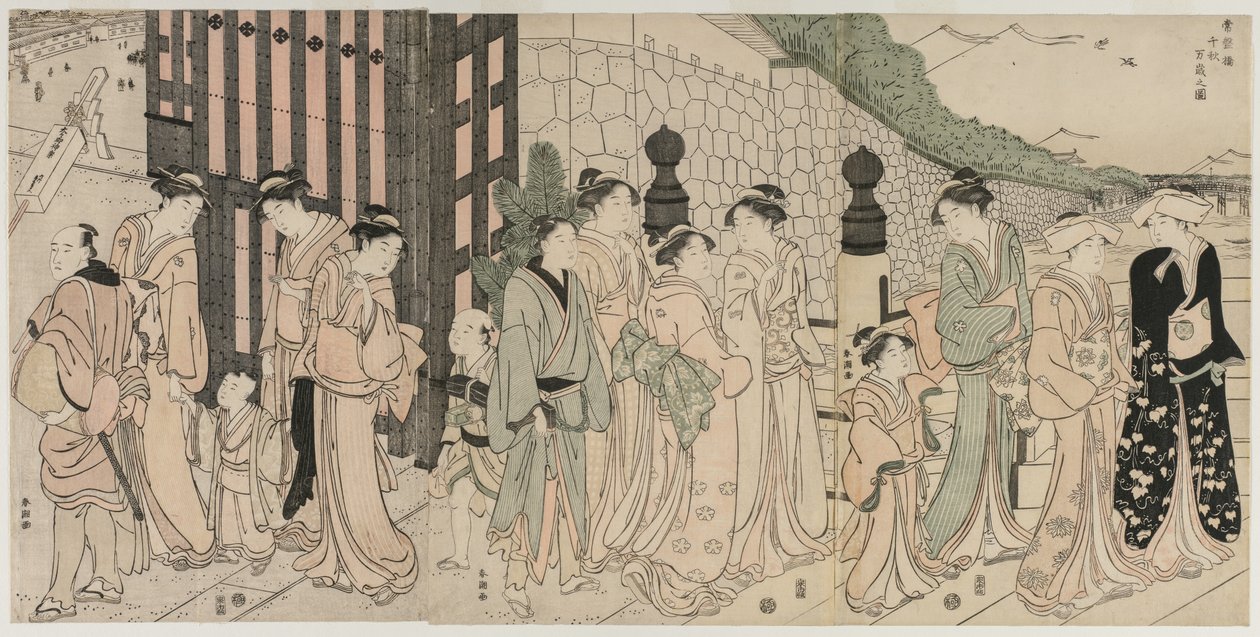 1790年代初頭、常盤大橋で1万年の秋。 作： 勝川春長