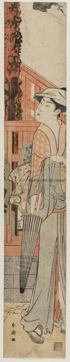 境内の松の木のそばに立つ若い女性 作： 勝川春長