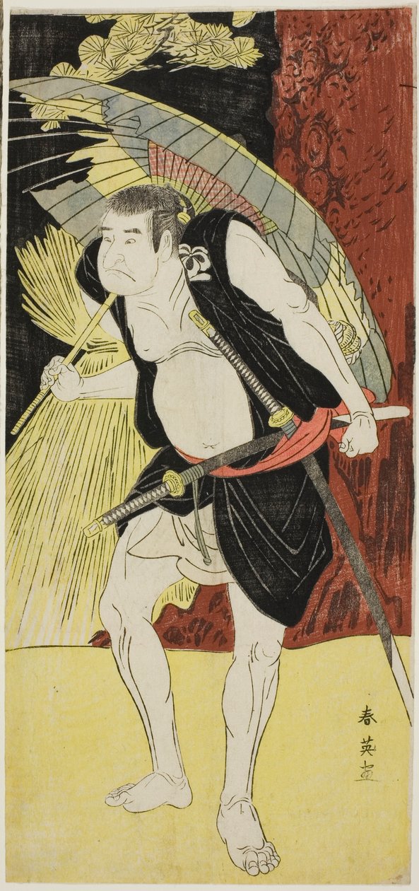 四十七士忠臣蔵』早野勘平役の初代三益徳次郎（左）と小野貞九郎役の六代目中山小十郎（右）。 作： 勝川春栄
