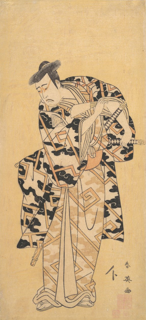 俳優の三代目市川彌生、雷衣姿の不破万左衛門、扇子遊び、1794年。 作： 勝川春栄