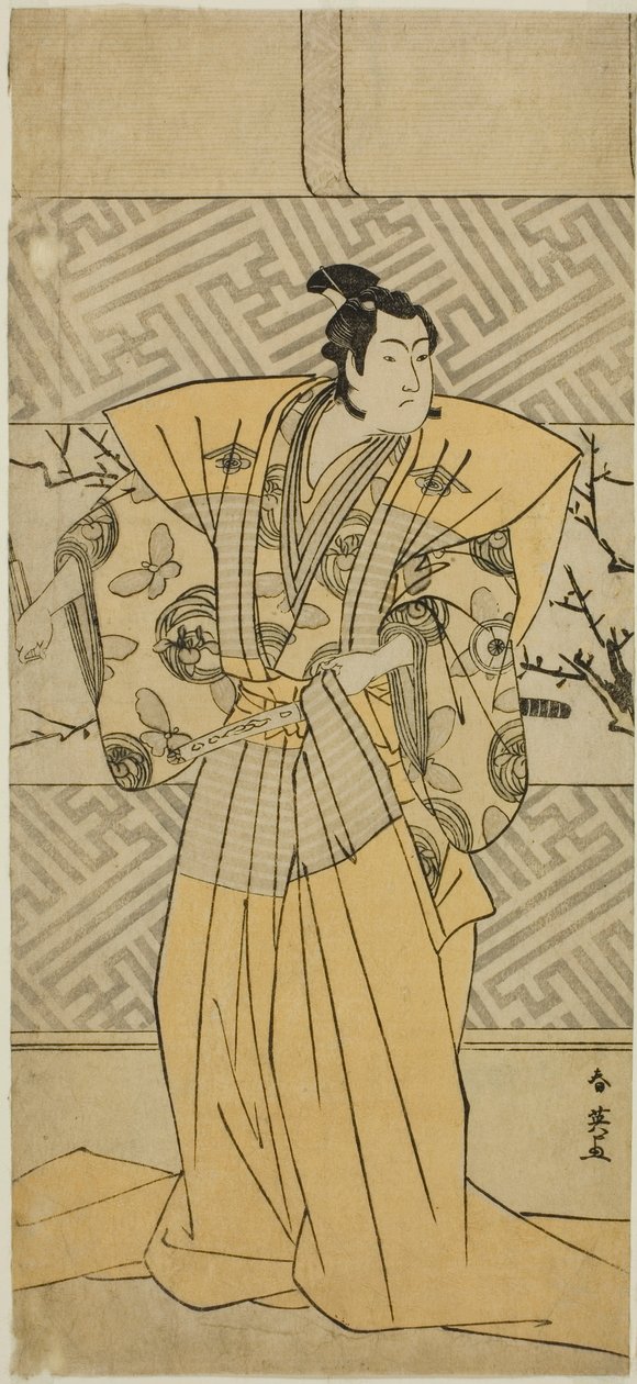 1789年正月、市村座で上演された『恋よすが鐘ヶ木曽我』の曽我五郎時宗役、四代目岩井半四郎 作： 勝川春栄