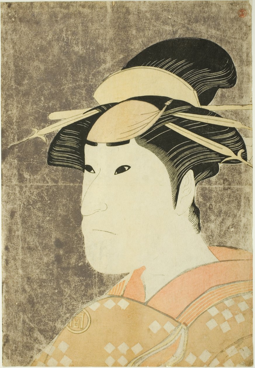 1794年（寛政6年）5月、都座で上演された『花あやめ文六曽我』の祇園遊女・お奈代を演じた三代目佐野川市松 作： 勝川春栄