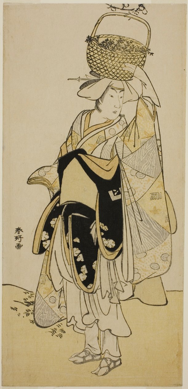 天明5年（1785）正月、中村座で上演された『初花見ます曽我』の舞踊『忍び瓜』の白菊役、三代目市川弥蔵 作： 勝川春香®