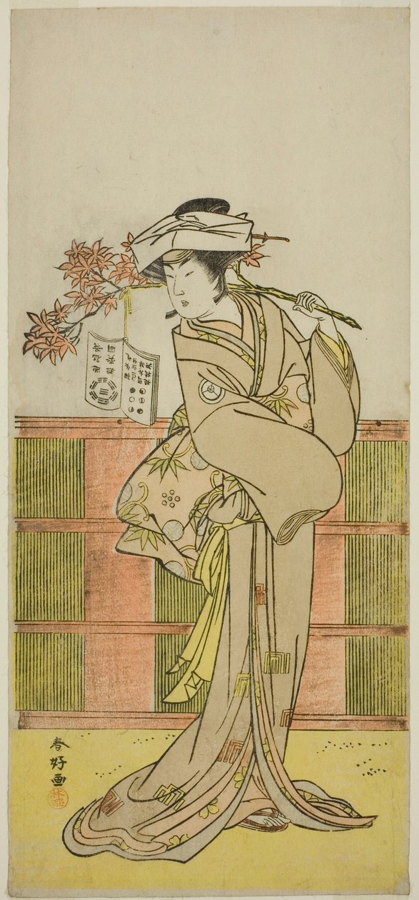 天明元年(1781)11月、市村座で上演された『昔男雪の雛形』の女占い師お松に扮した梅ヶ枝役の四代目岩井半四郎について 作： 勝川春香®