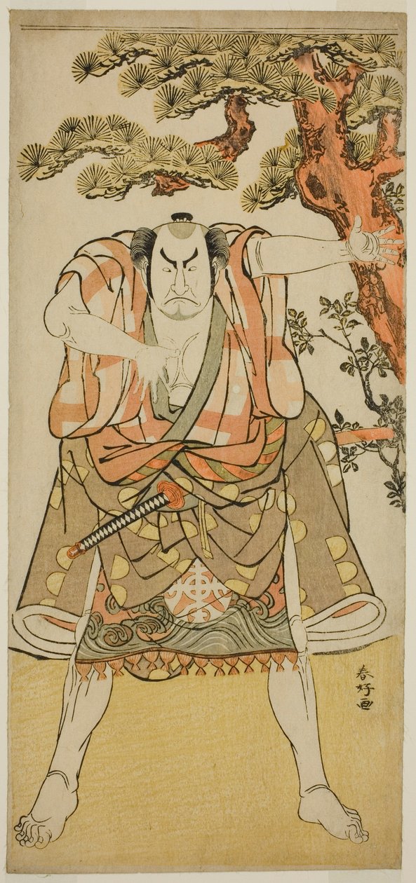天明2年(1782)11月、市村座で上演された『伊勢丙子永伍の暦』(？)より、三浦荒次郎に扮した中村仲蔵(？) 作： 勝川春香®