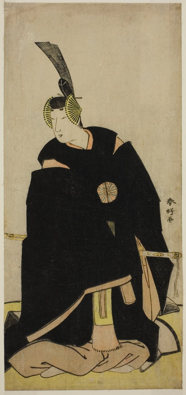 初代中村富十郎が平将門に扮し、大伴黒主()あるいは菅原道真()に扮して、森田劇場で上演された『志田ゆずり葉蓬莱曽我』()あるいは『菅原伝授手習鑑』()の第一回あるいは第五回モンに出演した。 作： 勝川春香®