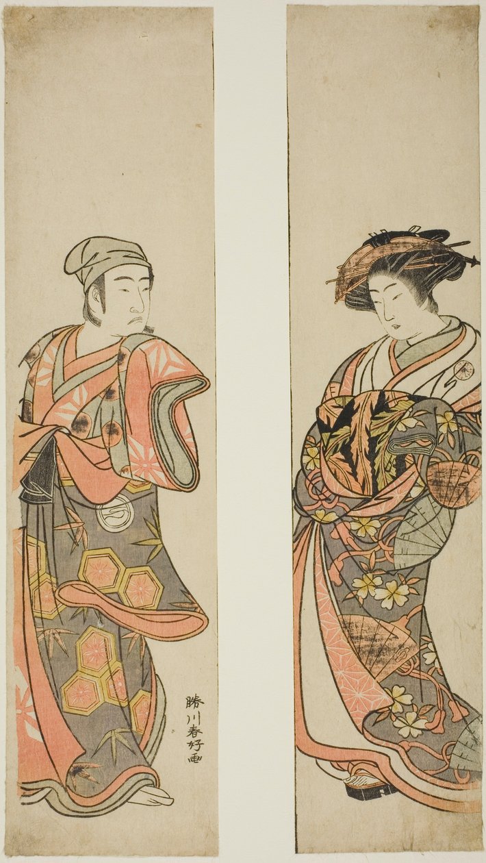 安永8年（1779）11月、市村座で上演された「吾妻の森 栄楠木」で、花魁役の初代中村富十郎（右）と小山田村の太郎作（左）に変装した小山田太郎役の三代目沢村宗十郎（？ 作： 勝川春香®