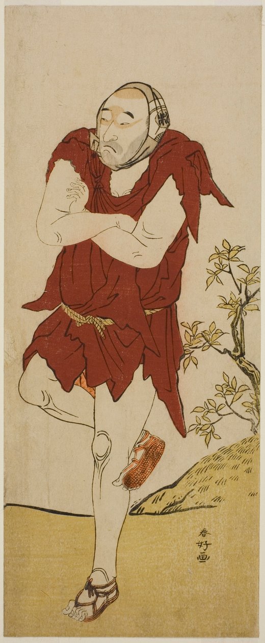 天明七年（1787）五月、中村座で上演された『景清出世の山吹』の托鉢僧（願人坊主）役、初代尾上松助 作： 勝川春香®