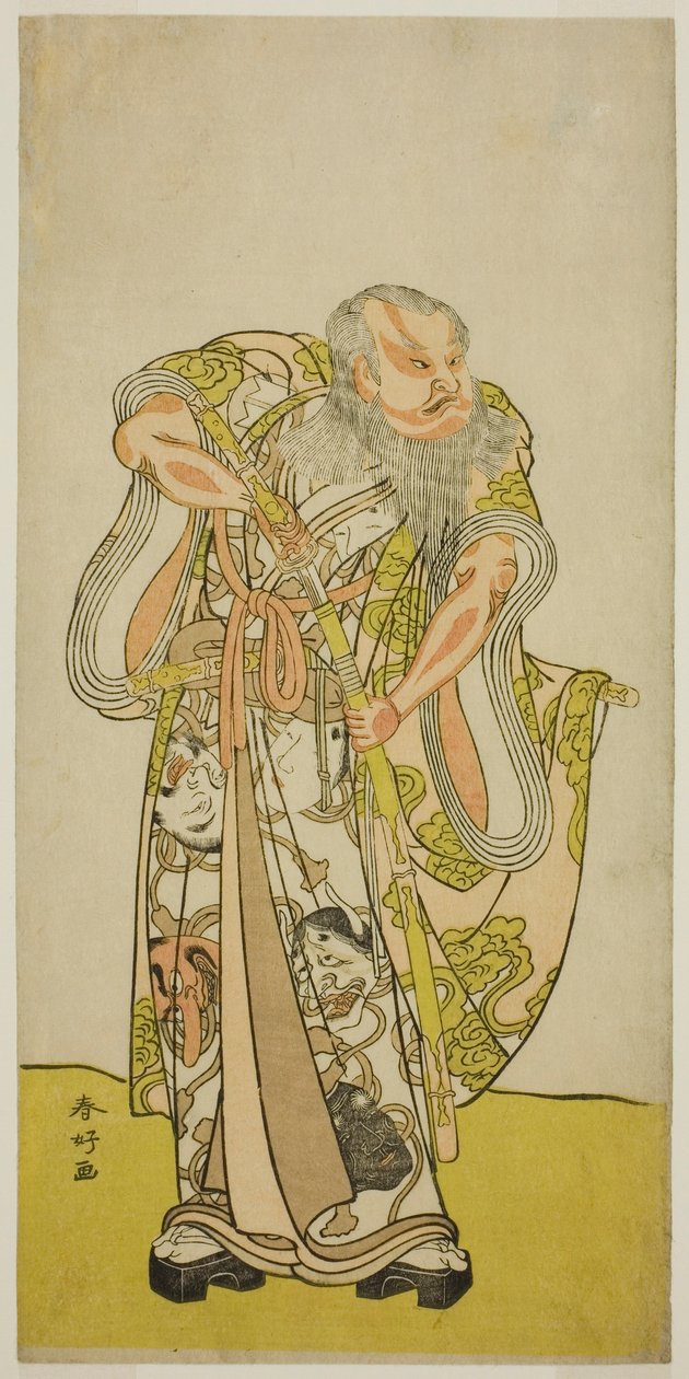 天明2年（1782）5月、市村座で上演された『志田屋形四つ木の曳舟』における二代目坂田半五郎のひげの一休役 作： 勝川春香®