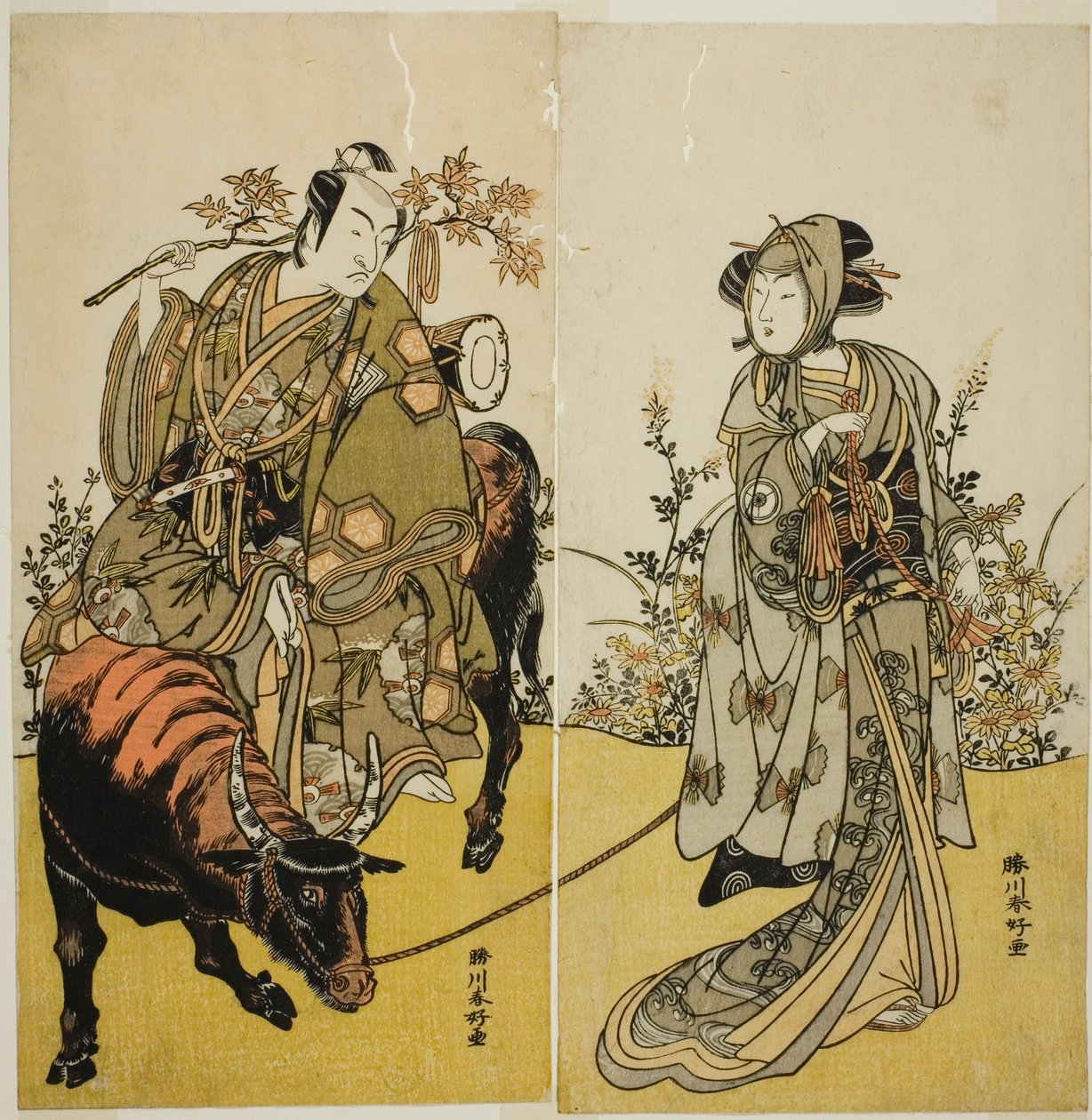 安永8年(1779)7月、中村座で上演された『片木内蘆名樫久（かたきうちあだなかしく）』のお粂役の四代目岩井半四郎（右）と烏帽子売六三郎（左）に扮した小柴雪之丞役の二代目市川門之助。 作： 勝川春香®