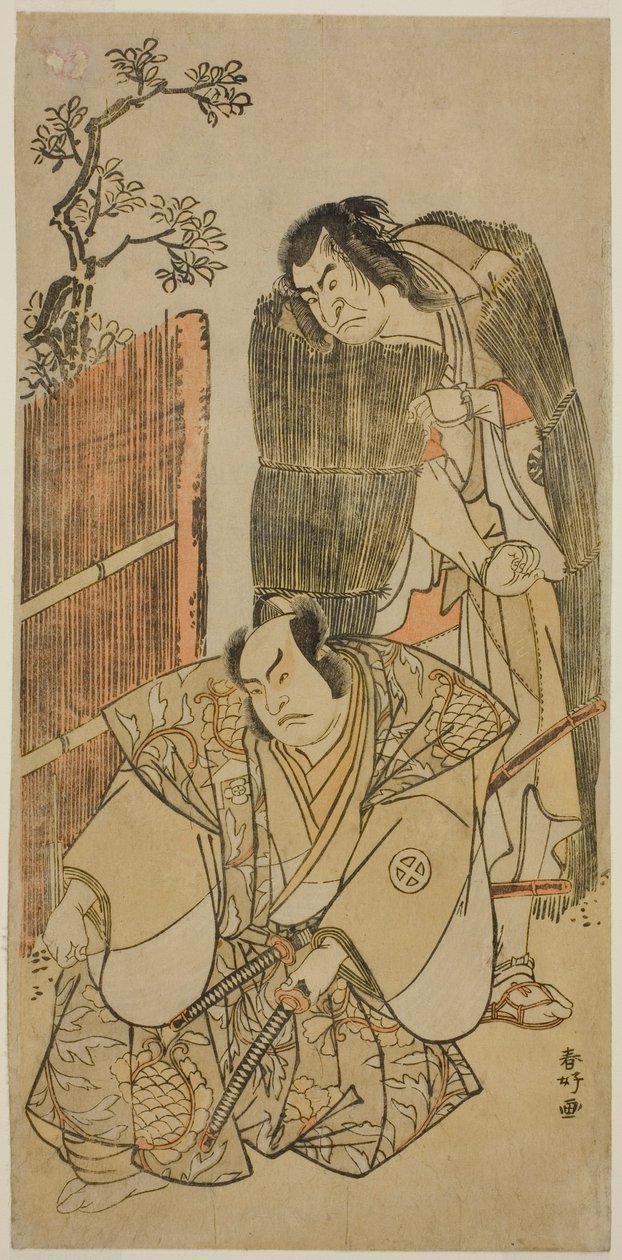天明3年(1783)3月、市村座で上演された『寿萬歳曾我』の乞食姿の初代中村仲蔵(右)と鬼王新左衛門の三代目大谷広治(左) 作： 勝川春香®