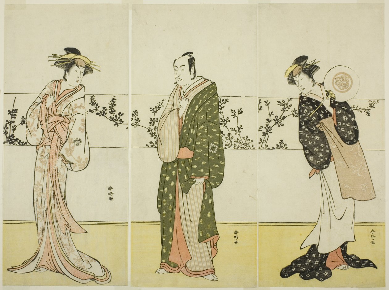 二代目長川恒世（右）、二代目市川門之助（中央）、三代目瀬川菊之丞（左）『千代のはじまり音頭の瀬戸』で、みさを御前、松屋惣七、博多の小女郎を演じた可能性がある：音頭の瀬戸 作： 勝川春香®