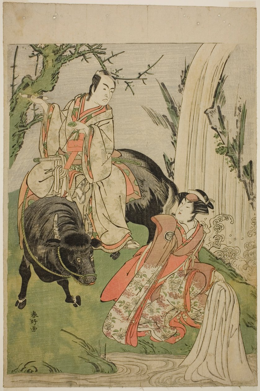 天明5年（1785）11月、桐芝居小屋で上演された『男山振袖源氏』の初音姫（はつねひめ）（右）役の三代目瀬川菊之丞と御幸之介行成（みゆきのすけゆきなり）役の二代目市川門之助。 作： 勝川春香®