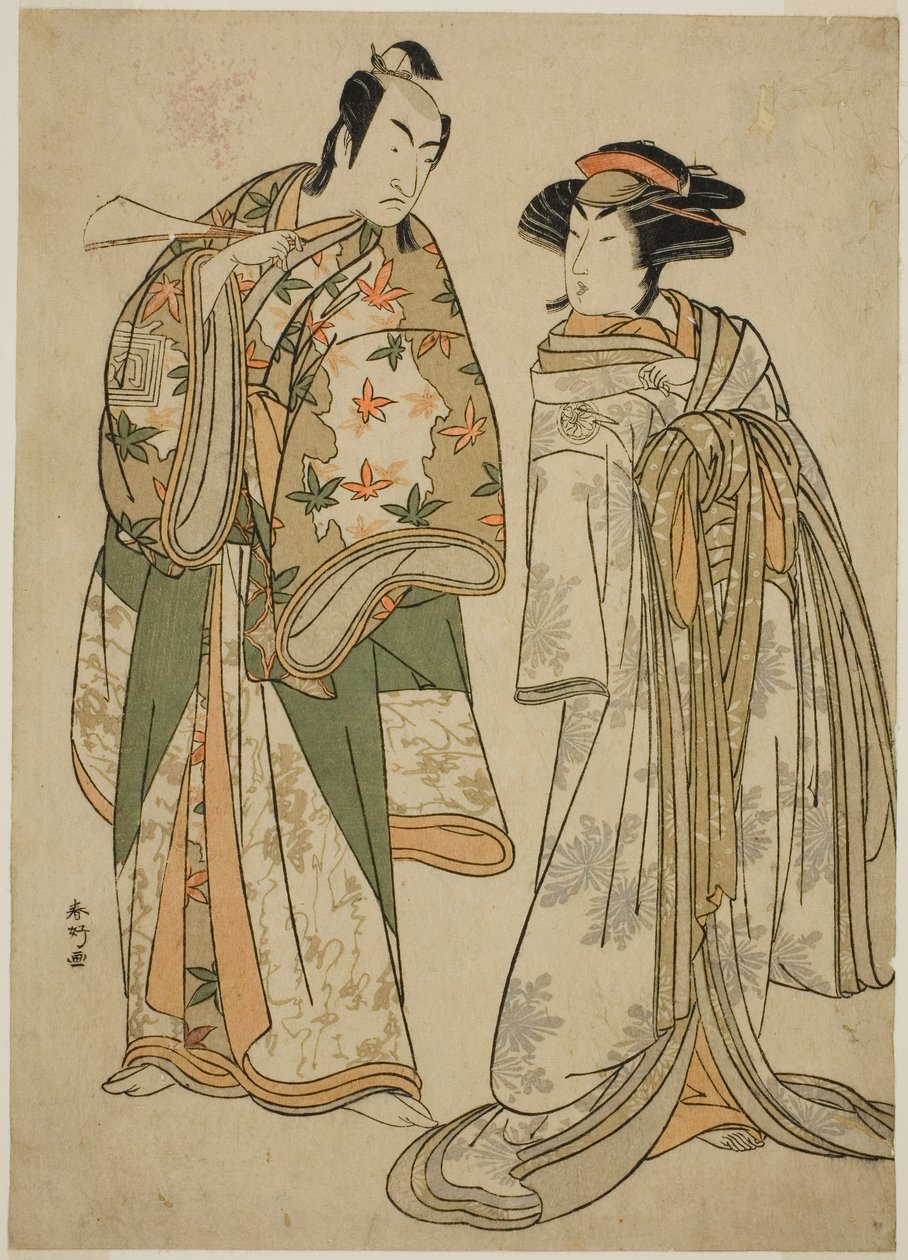 天明4年（1784）11月に桐芝居小屋で上演された『十二単衣小町桜』の花魁・墨染（右）役の三代目瀬川菊之丞と吉峰五之助（左）役の二代目市川門之助 作： 勝川春香®