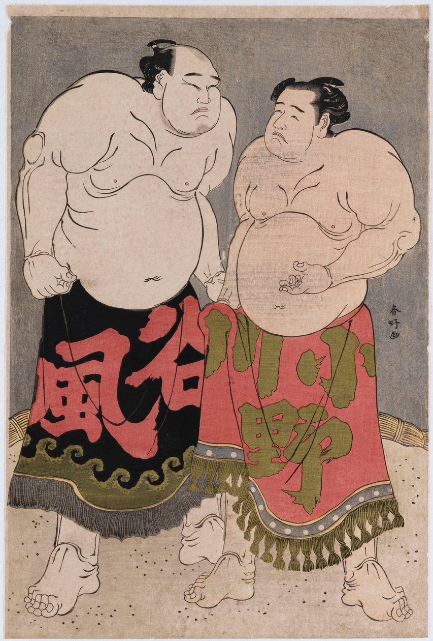 右がレスラー小野川喜三郎、左が谷坂梶之助の全身像 作： 勝川俊子