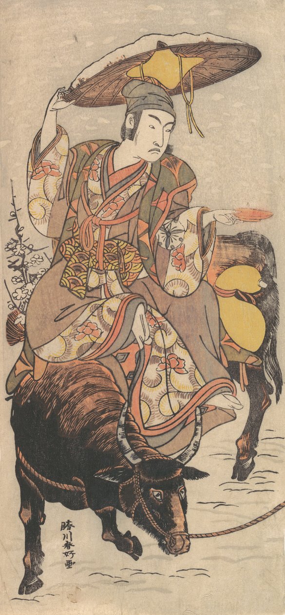 俳優松本幸四郎 4 世が吹雪の中、牡牛座に乗っています。 1790年。 作： 勝川俊子