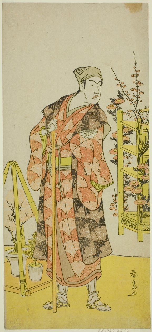 The Actor Matsumoto Koshiro IV as the Plant Seller Awashima no Yonosuke in the Play Mukashi Otoko Yuki no Hinagata, Performed at the Ichimura Theater in the Eleventh Month, 1781 作： 勝川春泉