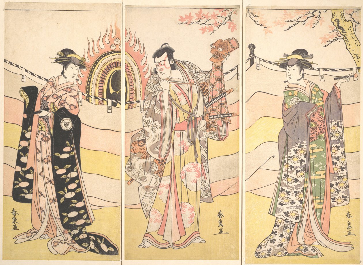 宗教的なダンスを披露する美しい衣装を着た 3 人の役者。 1785年。 作： 勝川春泉